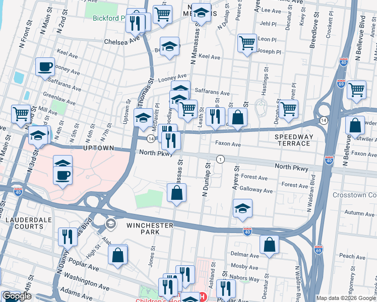 map of restaurants, bars, coffee shops, grocery stores, and more near 778 North Parkway in Memphis
