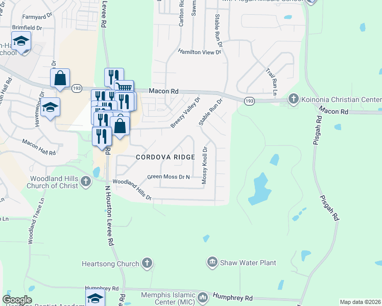 map of restaurants, bars, coffee shops, grocery stores, and more near 1106 Green Fern Cove in Shelby County