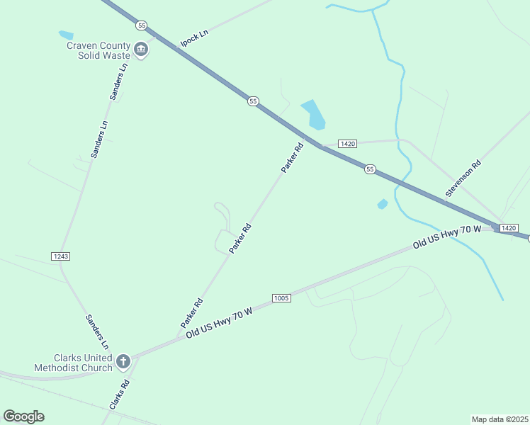 map of restaurants, bars, coffee shops, grocery stores, and more near 382 Parker Road in New Bern