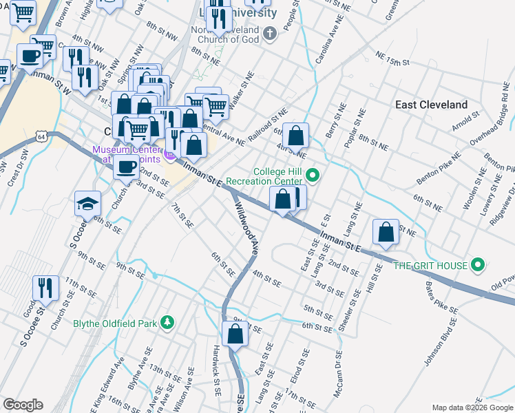 map of restaurants, bars, coffee shops, grocery stores, and more near 575 1st Street Southeast in Cleveland