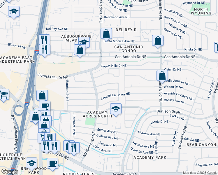 map of restaurants, bars, coffee shops, grocery stores, and more near 6417 Mendius Avenue Northeast in Albuquerque