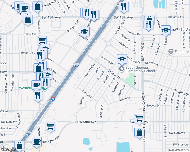 map of restaurants, bars, coffee shops, grocery stores, and more near 5118 Royce Drive in Amarillo