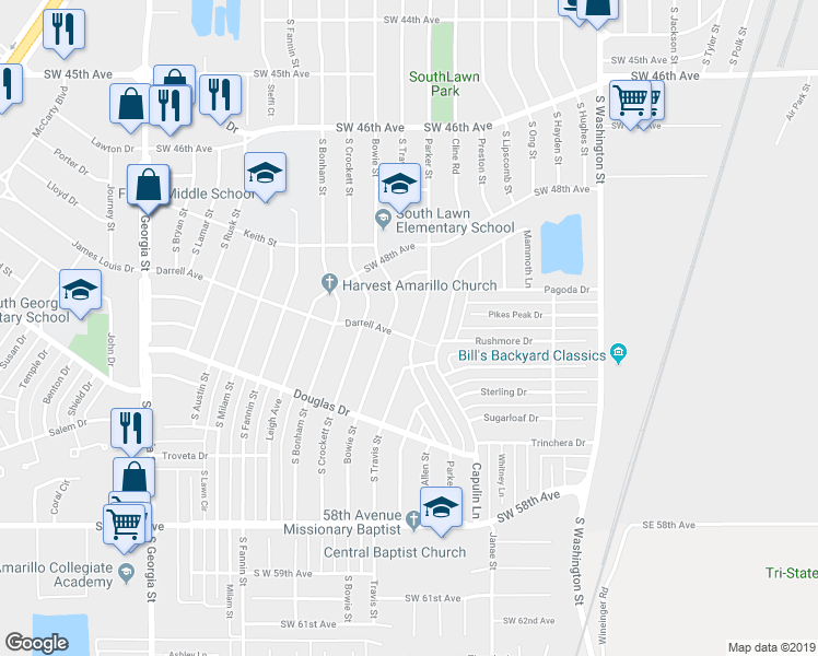 map of restaurants, bars, coffee shops, grocery stores, and more near 4924 Parker Street in Amarillo