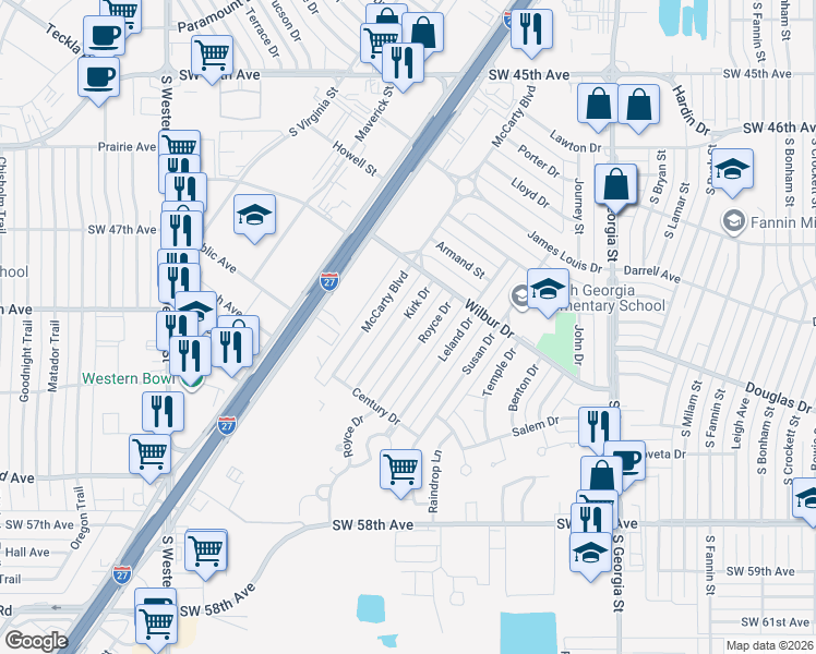 map of restaurants, bars, coffee shops, grocery stores, and more near 5118 Royce Drive in Amarillo