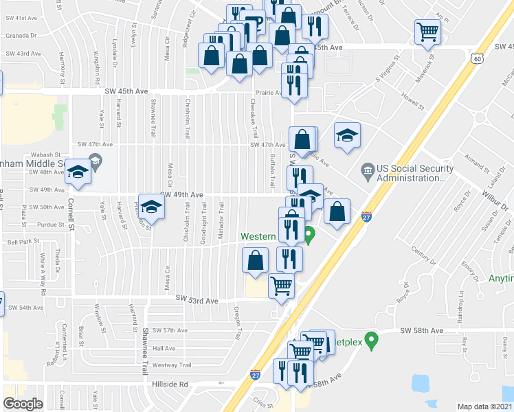 map of restaurants, bars, coffee shops, grocery stores, and more near 4301 Southwest 49th Avenue in Amarillo