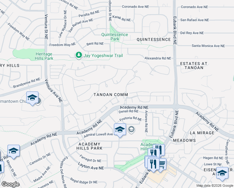 map of restaurants, bars, coffee shops, grocery stores, and more near 9723 Village Green Drive Northeast in Albuquerque