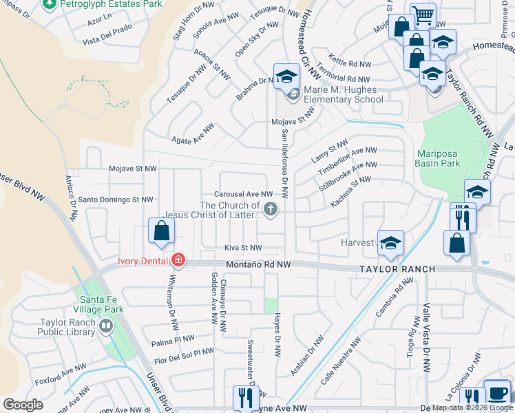 map of restaurants, bars, coffee shops, grocery stores, and more near 6019 Kachina Street Northwest in Albuquerque