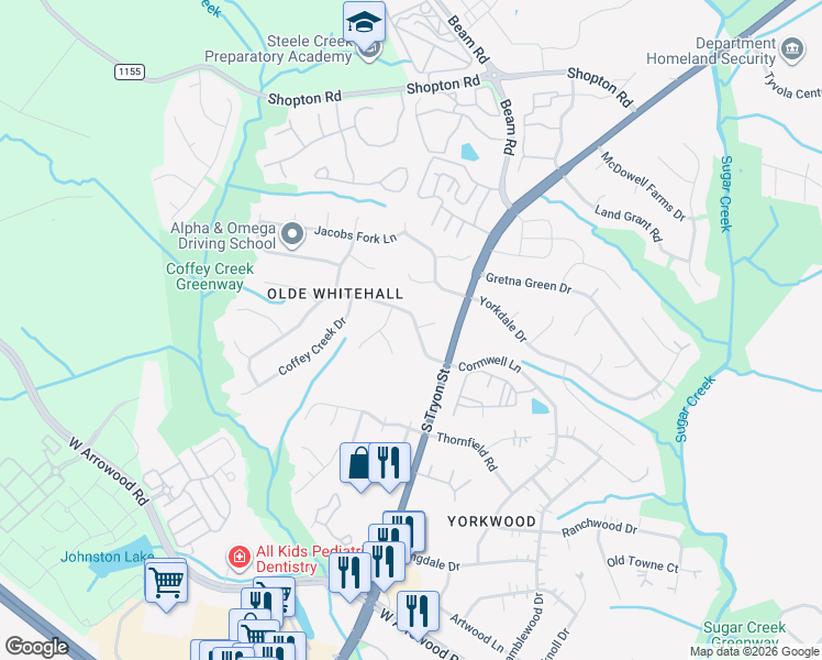 map of restaurants, bars, coffee shops, grocery stores, and more near 2416 Wooden Peg Court in Charlotte