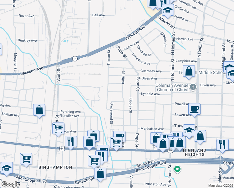 map of restaurants, bars, coffee shops, grocery stores, and more near 841 Baltic Street in Memphis