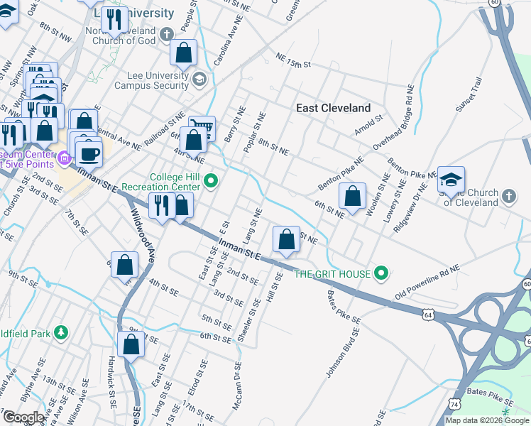 map of restaurants, bars, coffee shops, grocery stores, and more near 255 Lang Street Southeast in Cleveland