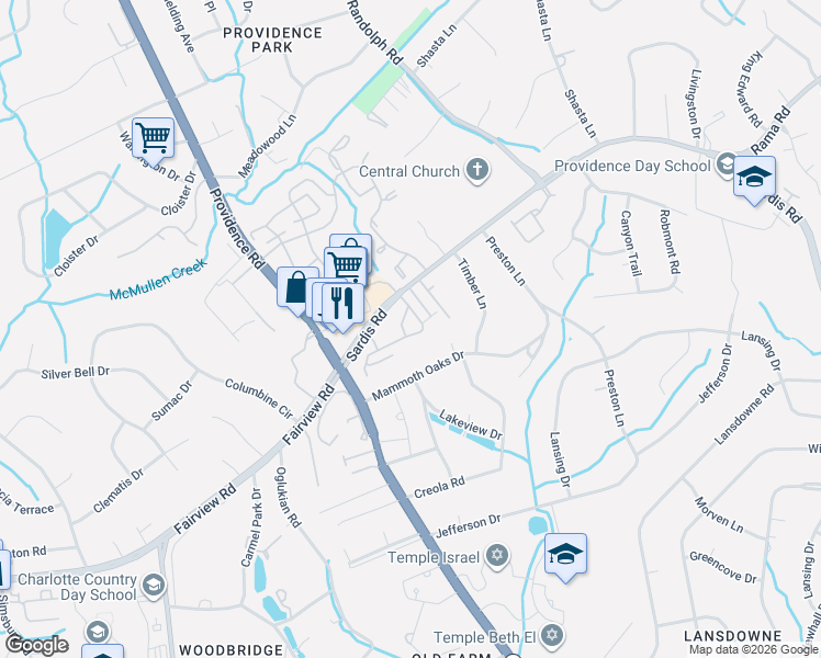 map of restaurants, bars, coffee shops, grocery stores, and more near 5024 Sardis Road in Charlotte