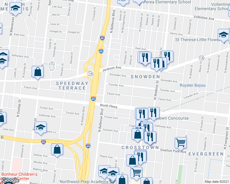 map of restaurants, bars, coffee shops, grocery stores, and more near 1228 Faxon Avenue in Memphis