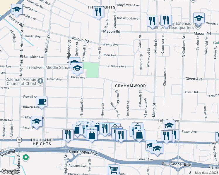 map of restaurants, bars, coffee shops, grocery stores, and more near 871 Freeman Street in Memphis