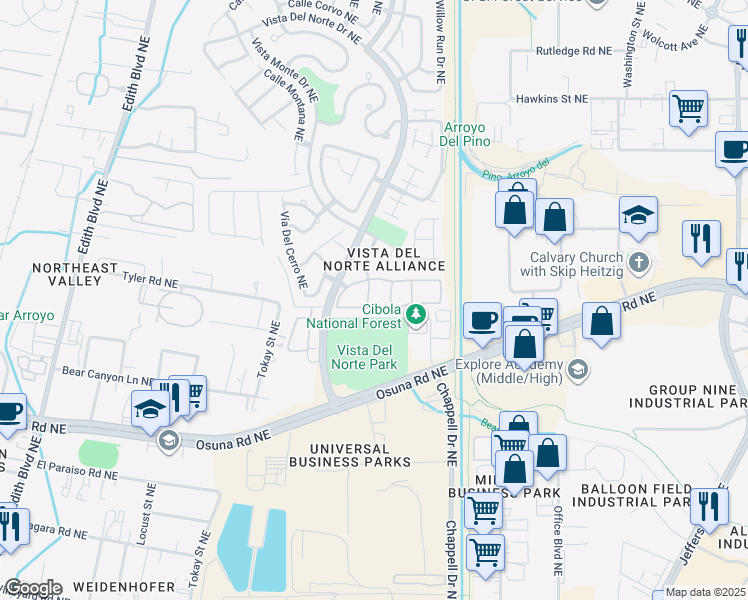 map of restaurants, bars, coffee shops, grocery stores, and more near 6800 Vista Del Norte Drive Northeast in Albuquerque