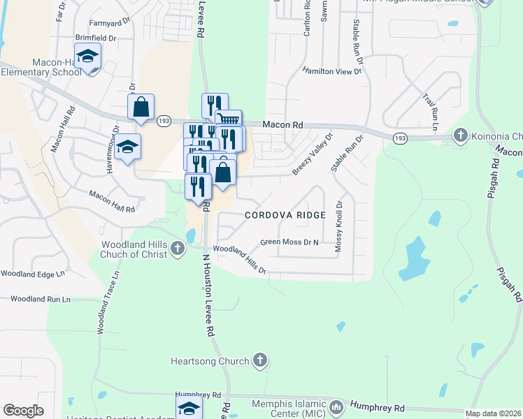 map of restaurants, bars, coffee shops, grocery stores, and more near 1126 Cross Wood Lane in Shelby County