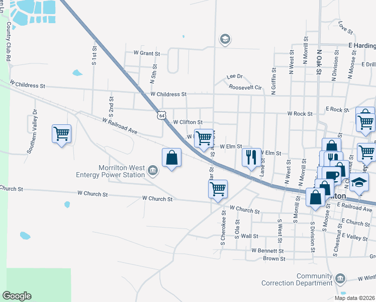 map of restaurants, bars, coffee shops, grocery stores, and more near 1111 West Broadway Street in Morrilton