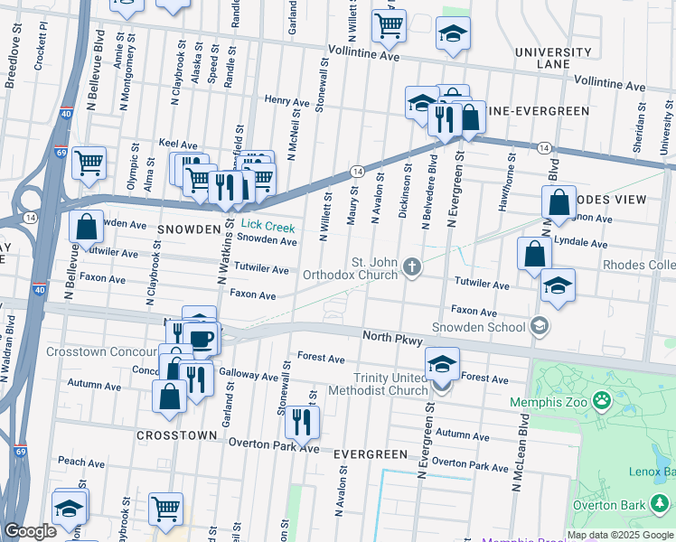 map of restaurants, bars, coffee shops, grocery stores, and more near 1556 Tutwiler Avenue in Memphis