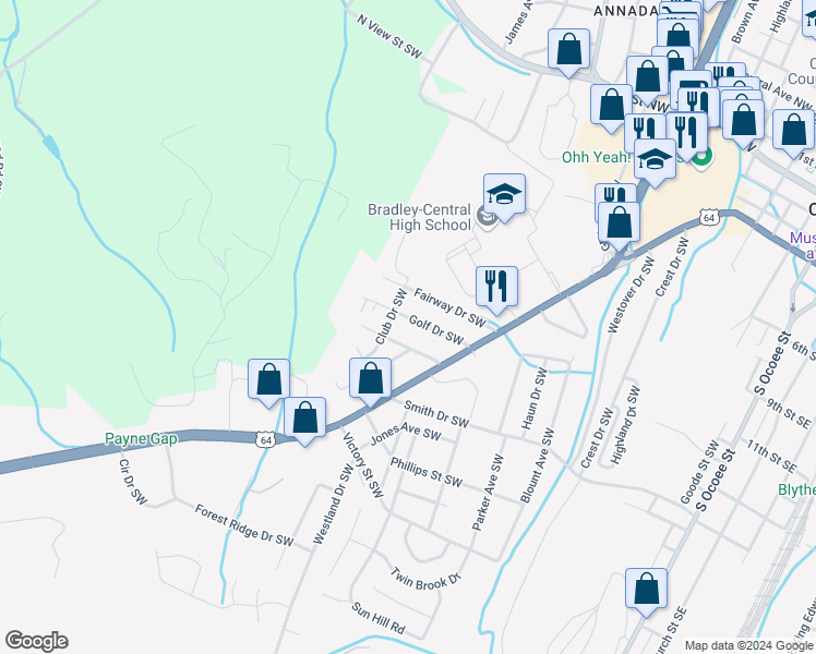 map of restaurants, bars, coffee shops, grocery stores, and more near 1309 Golf Drive Southwest in Cleveland