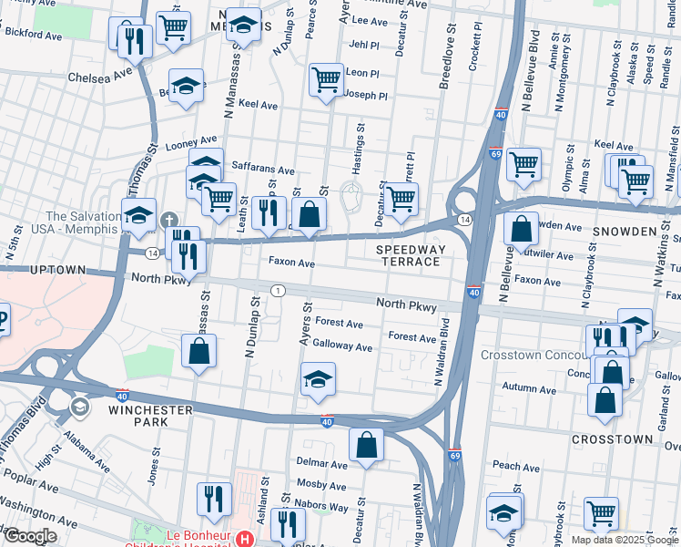 map of restaurants, bars, coffee shops, grocery stores, and more near 954 North Parkway in Memphis