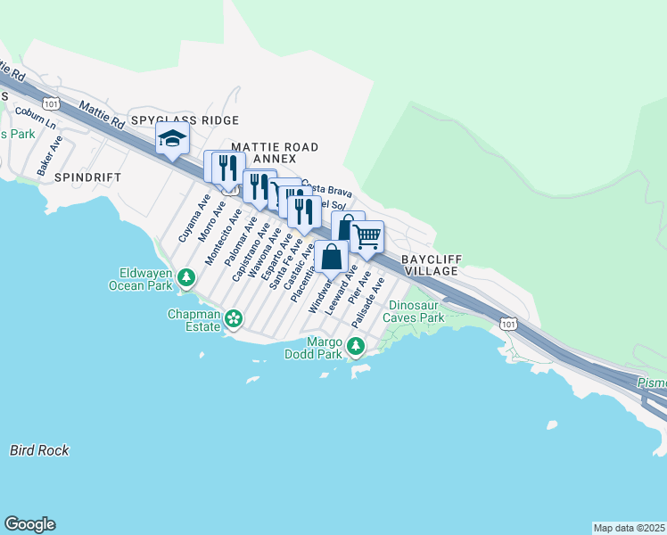 map of restaurants, bars, coffee shops, grocery stores, and more near 154 Leeward Avenue in Pismo Beach
