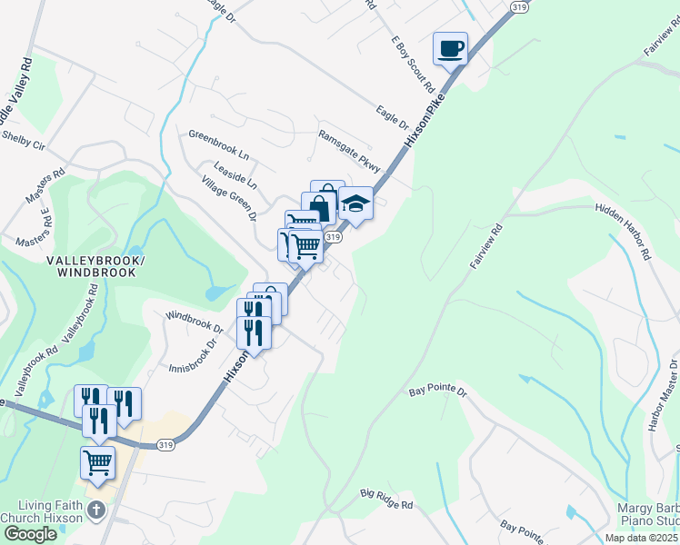 map of restaurants, bars, coffee shops, grocery stores, and more near 6418 Hixson Pike in Chattanooga