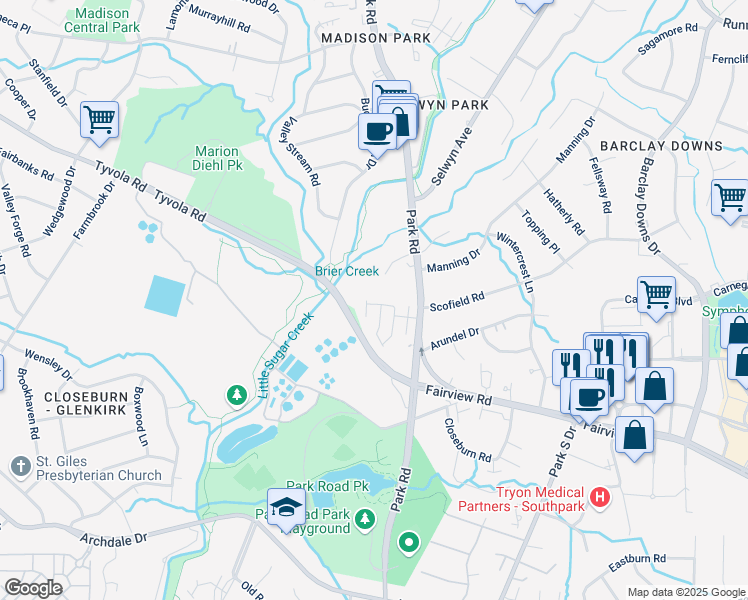 map of restaurants, bars, coffee shops, grocery stores, and more near 2903 Castleberry Court in Charlotte