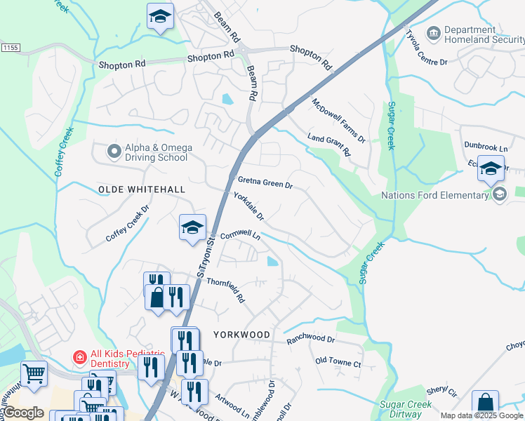 map of restaurants, bars, coffee shops, grocery stores, and more near 1211 Yorkdale Drive in Charlotte