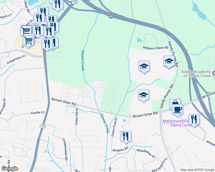 map of restaurants, bars, coffee shops, grocery stores, and more near 13815 Brown Grier Road in Charlotte