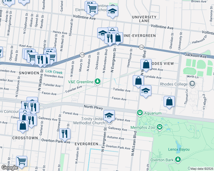 map of restaurants, bars, coffee shops, grocery stores, and more near in Memphis