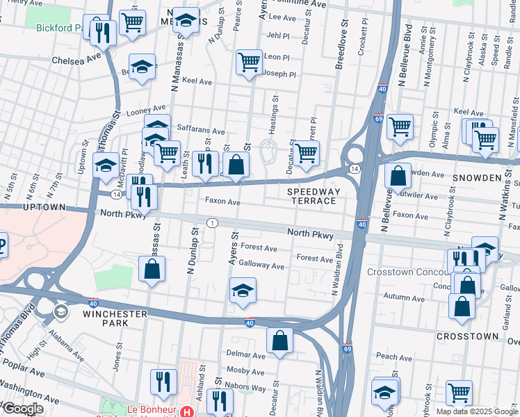 map of restaurants, bars, coffee shops, grocery stores, and more near 954 North Parkway in Memphis