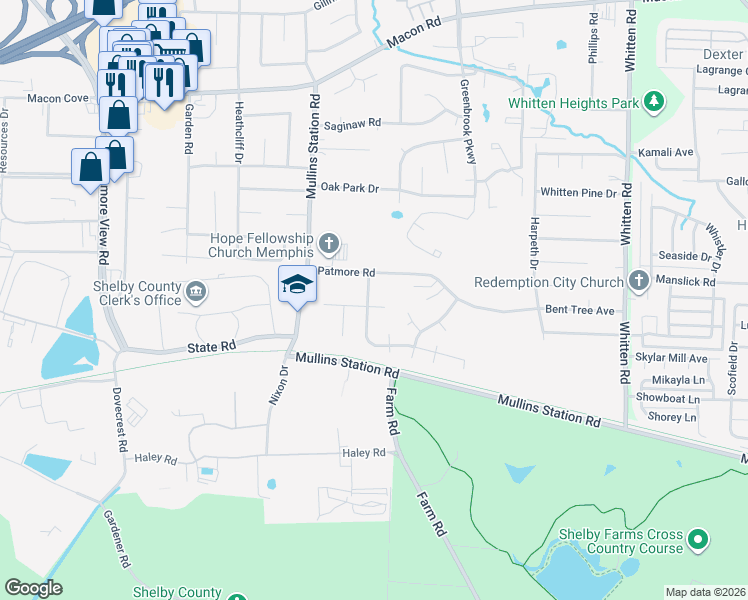 map of restaurants, bars, coffee shops, grocery stores, and more near 1101 Hooker Street in Memphis