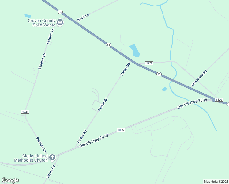 map of restaurants, bars, coffee shops, grocery stores, and more near 382 Parker Road in New Bern