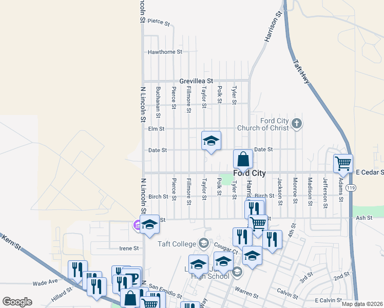map of restaurants, bars, coffee shops, grocery stores, and more near 316 Fillmore Street in Taft
