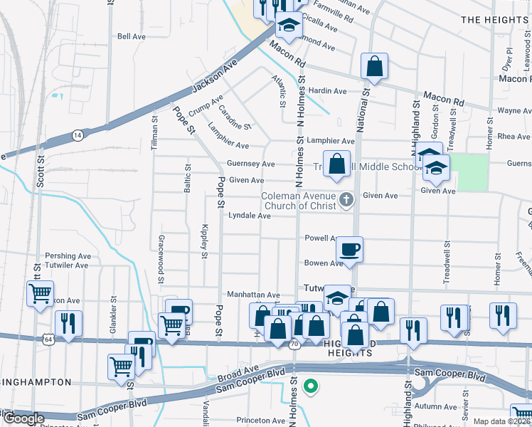 map of restaurants, bars, coffee shops, grocery stores, and more near 3215 Lyndale Avenue in Memphis
