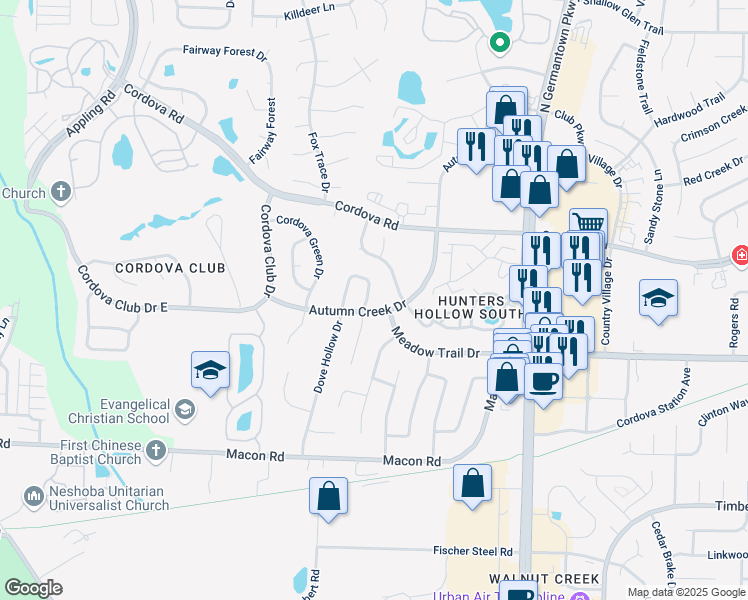 map of restaurants, bars, coffee shops, grocery stores, and more near 1124 Dove Hollow Circle East in Memphis