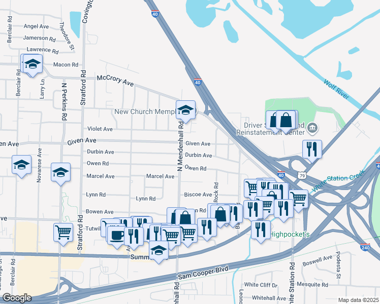 map of restaurants, bars, coffee shops, grocery stores, and more near 4925 Durbin Avenue in Memphis