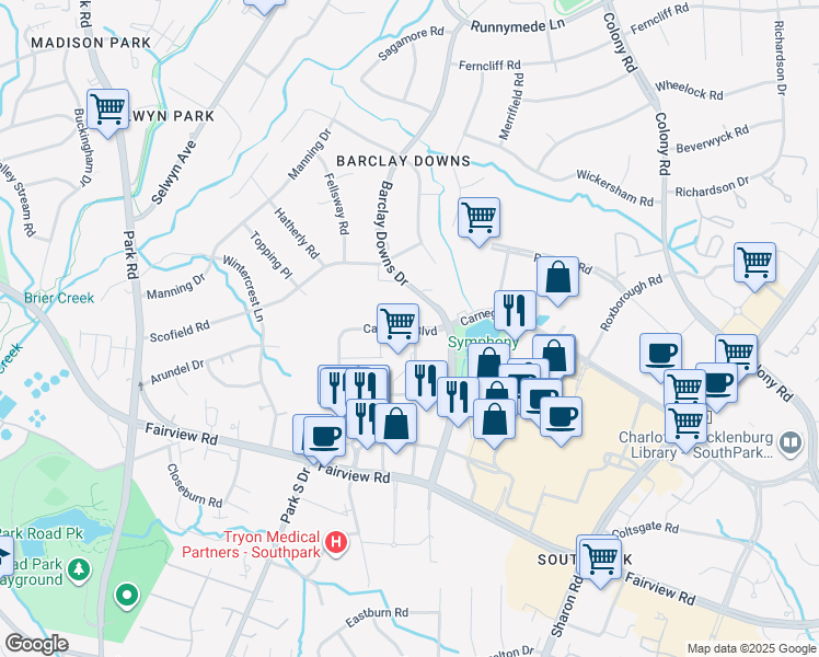 map of restaurants, bars, coffee shops, grocery stores, and more near 6038 Carnegie Boulevard in Charlotte