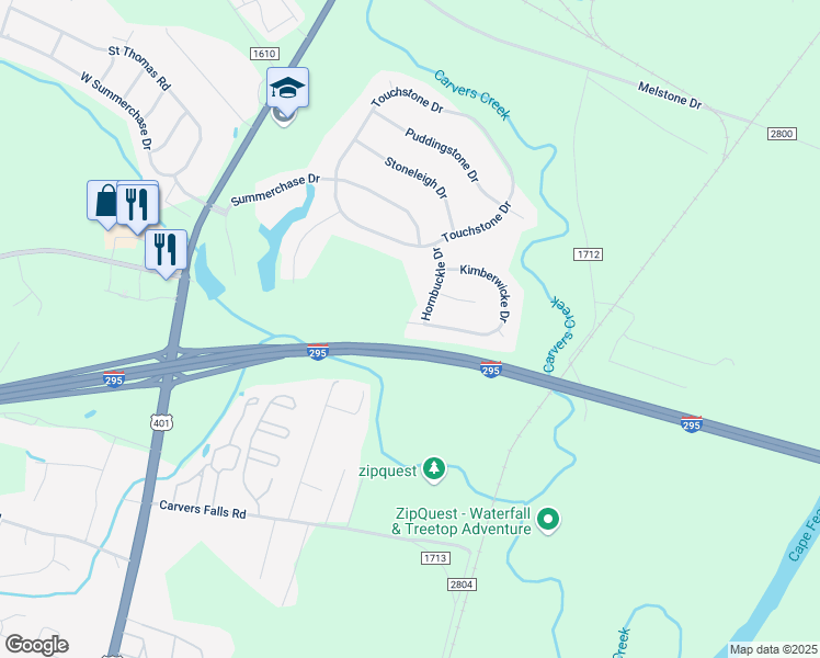 map of restaurants, bars, coffee shops, grocery stores, and more near 405 Kimberwicke Drive in Fayetteville