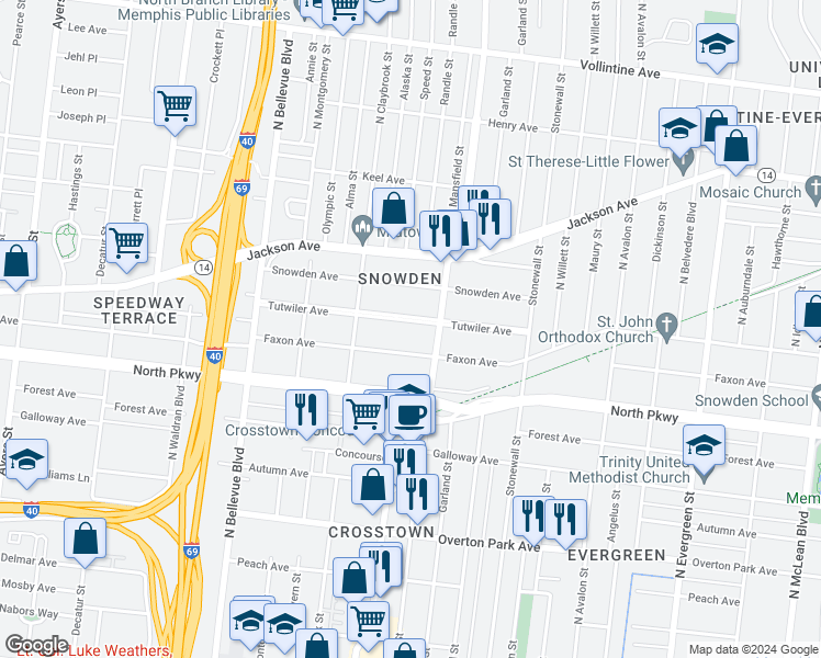 map of restaurants, bars, coffee shops, grocery stores, and more near 1356 Faxon Avenue in Memphis