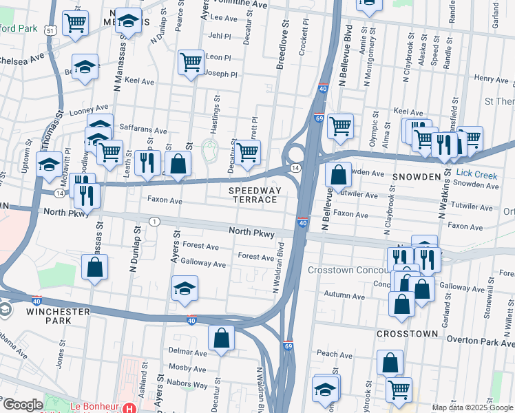 map of restaurants, bars, coffee shops, grocery stores, and more near 1047 Faxon Avenue in Memphis