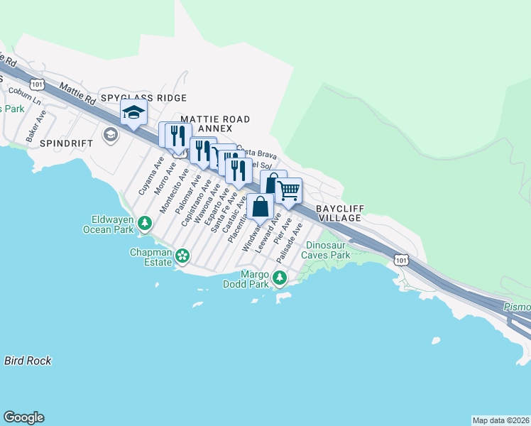 map of restaurants, bars, coffee shops, grocery stores, and more near 178 Windward Avenue in Pismo Beach