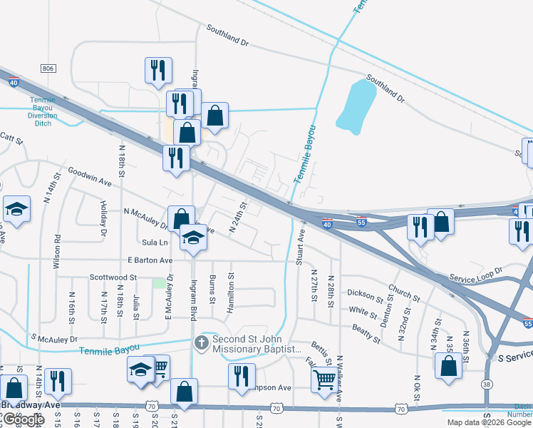 map of restaurants, bars, coffee shops, grocery stores, and more near 2407 South Service Road in West Memphis