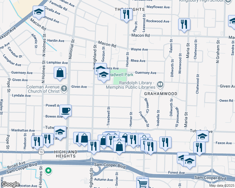 map of restaurants, bars, coffee shops, grocery stores, and more near 3579 Coleman Avenue in Memphis