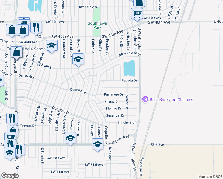 map of restaurants, bars, coffee shops, grocery stores, and more near 1148 Rushmore Drive in Amarillo