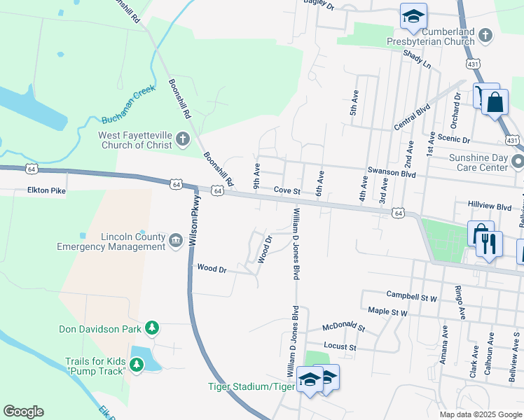 map of restaurants, bars, coffee shops, grocery stores, and more near 1516 Washington Street West in Fayetteville