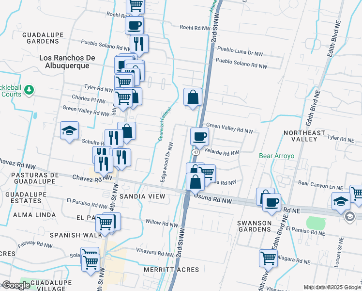 map of restaurants, bars, coffee shops, grocery stores, and more near 6704 Elwood Drive Northwest in Los Ranchos de Albuquerque