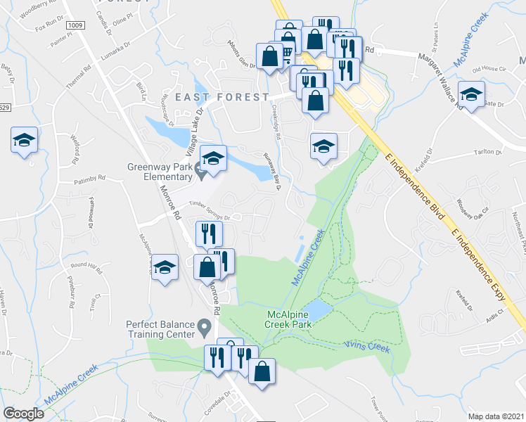 map of restaurants, bars, coffee shops, grocery stores, and more near 7806 Timber Commons Lane in Charlotte