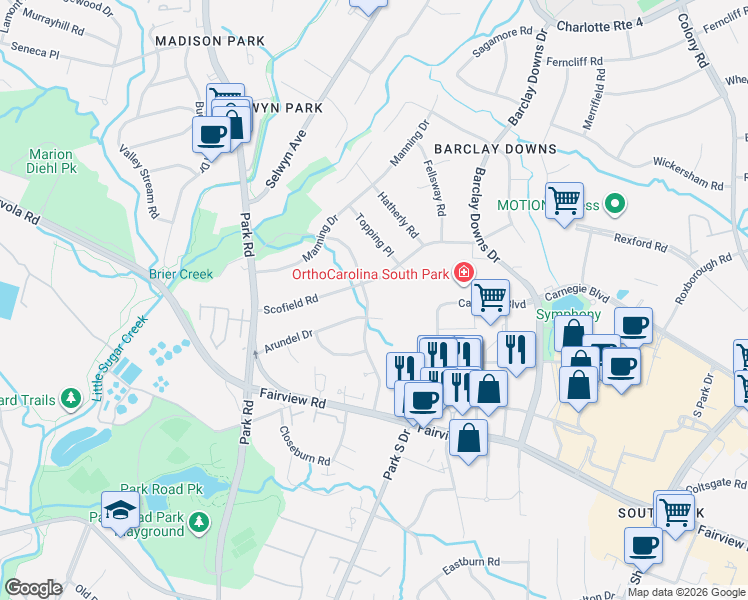 map of restaurants, bars, coffee shops, grocery stores, and more near 3117 Arundel Drive in Charlotte