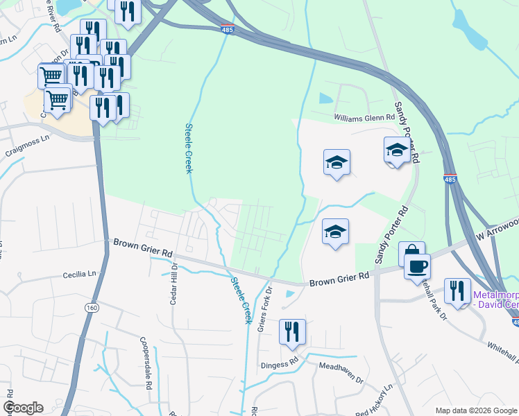map of restaurants, bars, coffee shops, grocery stores, and more near 13815 Brown Grier Road in Charlotte