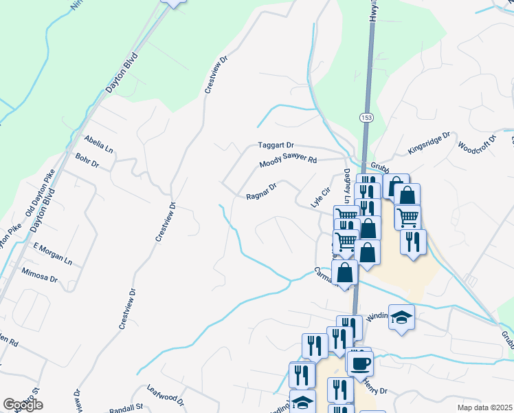 map of restaurants, bars, coffee shops, grocery stores, and more near 5905 Northwoods Drive in Chattanooga